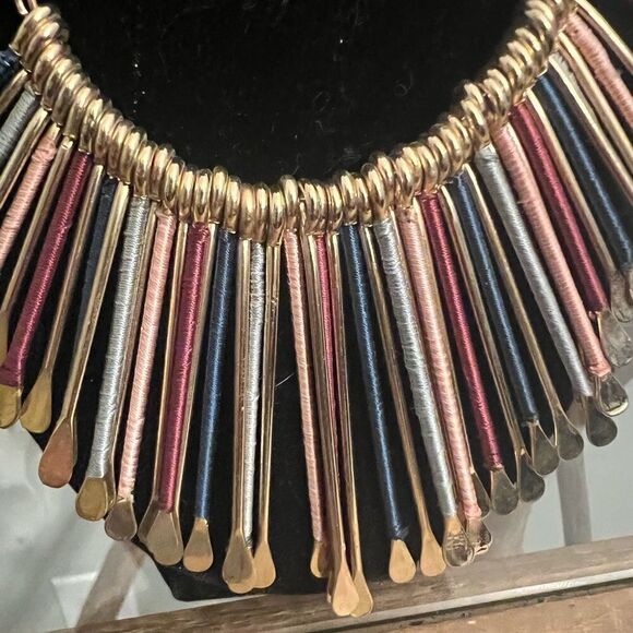 Vintage spoon bib yarn metallic statement Necklace. - Picture 2 of 5